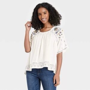 Knox Rose Size Large White Floral Bohemian Embroidered High-Low Blouse